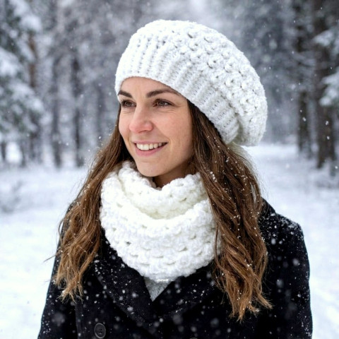 Háčkovaný baret + nákrčník zima čepice bílá háčkování šála souprava zimní háčkované akryl baret nákrčník set tunel crochet sněhově bílá 