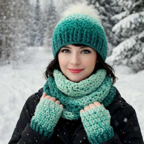 Zimní souprava kulich zelená čepice háčkovaná dívčí souprava dámská tyrkysová zimní rukavice teplá nákrčník bambule handmade set hřejivá bezprsťáky bezprsté rukavice 