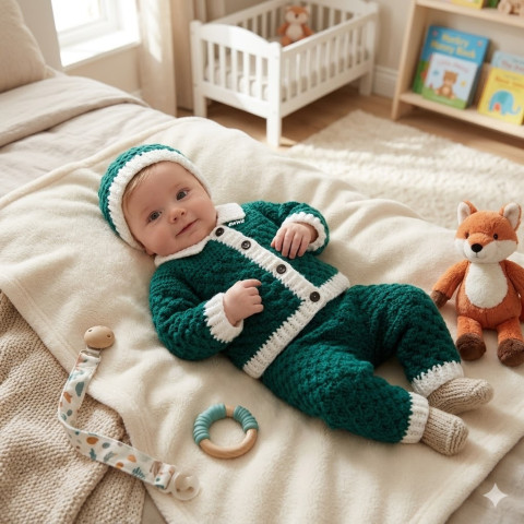 Souprava zelená děti zima čepice čepička bílá svetr souprava zimní háčkované kalhoty svetřík kabátek unisex batole tmavězelená 