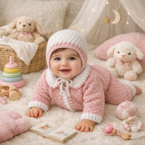 Čepička + svetřík + kalhoty děti růžová čepička holčička holčičí bílá miminko souprava háčkované akryl starorůžová kalhoty svetřík kabátek handmade kalhotky mimi ewwa 