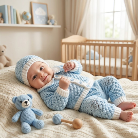 Čepička + svetřík + kalhoty děti čepička bílá klučičí miminko souprava háčkované akryl kalhoty kluk svetřík kabátek světlemodrá handmade kalhotky mimi nebesky modrá ewwa 