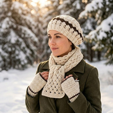 Zimní souprava hnědá šála souprava dámská béžová zimní háčkované akryl baret rukavice handmade set bezprsťáky bezprsté rukavice pro ženy štulpny návleky na nohy teens 