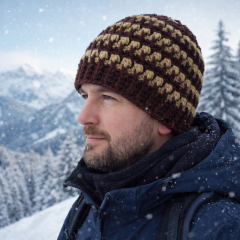 Čepice unisex zima velká čepice háčkovaná hnědá pružná dámská zimní akryl okrová unisex hřejivá crochet debilka 