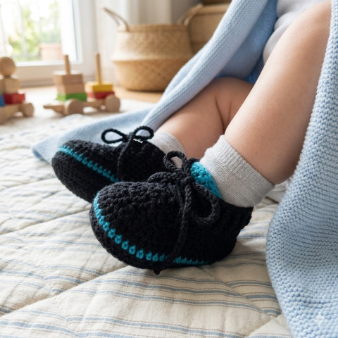Tenisky děti bavlna klučičí černá miminko tyrkysová háčkované kluk tenisky botičky unisex handmade capáčky mimi crochet kecky 