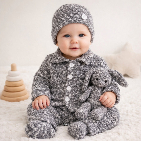 Souprava šedý melír děti čepička bílá šedá souprava háčkované kalhoty svetřík kabátek melír botičky unisex set mimi akrylic+polyester 