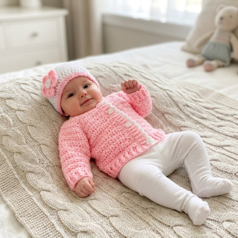 Svetřík + čepička děti růžová čepička holčička holčičí bílá svetr souprava háčkované svetřík kabátek zapínání celoroční crochet ewwa 
