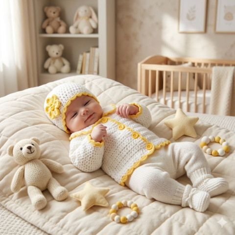 Svetřík + čepička děti čepice čepička bílá žlutá svetr miminko souprava zimní háčkované svetřík kabátek unisex celoroční 
