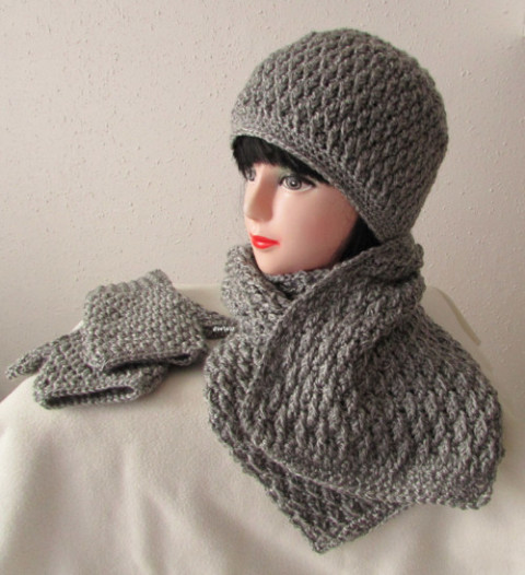 Zimní souprava (i pro pány) čepice bílá šála šedá souprava zimní háčkované akryl hřejivé rukavice unisex pánská handmade set bezprsté ewwa antipilling 