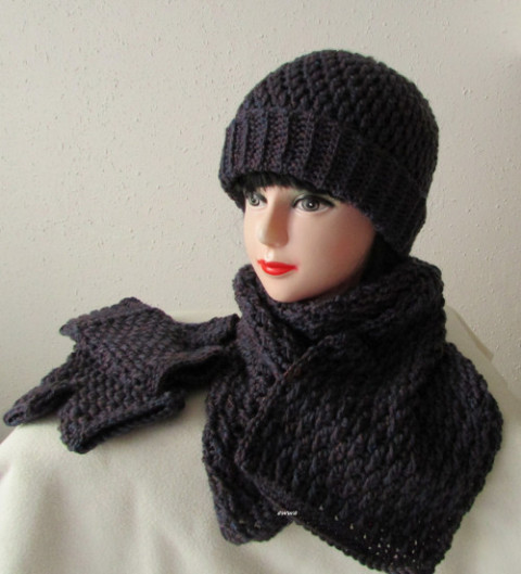 Zimní souprava (i pro pány) modrá čepice šála souprava zimní háčkované akryl rezavá hřejivé rukavice unisex pánská handmade set bezprsté ewwa antipilling 