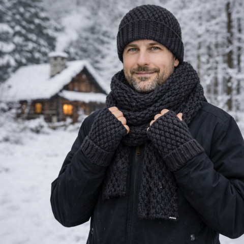 Zimní souprava unisex modrá čepice šála souprava zimní háčkované akryl rezavá hřejivé rukavice unisex pánská handmade set bezprsté ewwa antipilling 
