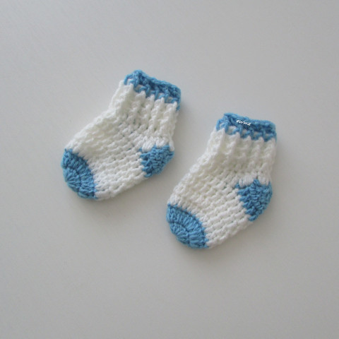 Dětské ponožky (0 - 3 měs.) děti modrá zimní háčkované ponožky hřejivé kluk smetanová celoroční mimi crochet klučičí miminko 