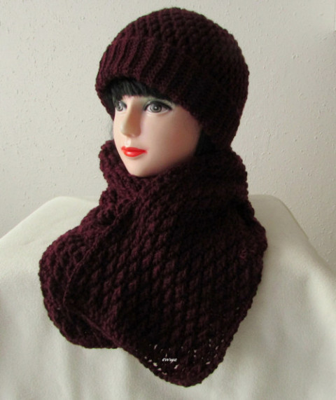 Zimní souprava (i pro pány) čepice černá šála souprava dámská zimní háčkované akryl hřejivé vínová unisex pánská handmade set ewwa antipilling 