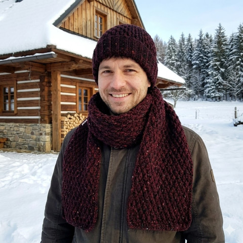 Čepice + dlouhá šála čepice černá šála souprava dámská zimní háčkované akryl hřejivé vínová unisex pánská handmade set ewwa antipilling 