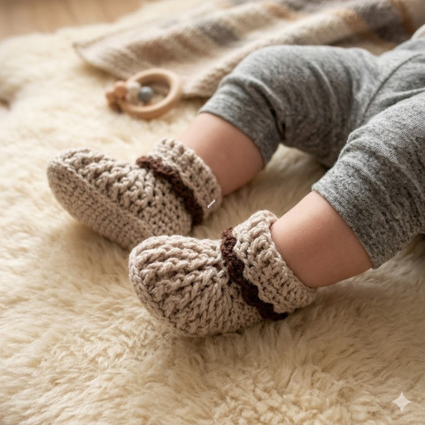 Háčkované botičky (9 cm) děti zima podzim holčička holčičí klučičí hnědá béžová akryl hřejivé kluk pružné botičky teplé unisex capáčky novorozenec mimi newborn antipilling 