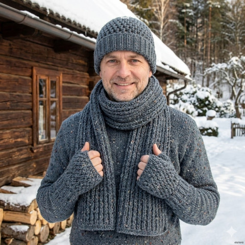 Zimní souprava unisex modrá čepice šála šedá souprava zimní háčkované akryl hřejivé rukavice unisex pánská handmade set šedomodrá bezprsté ewwa antipilling 