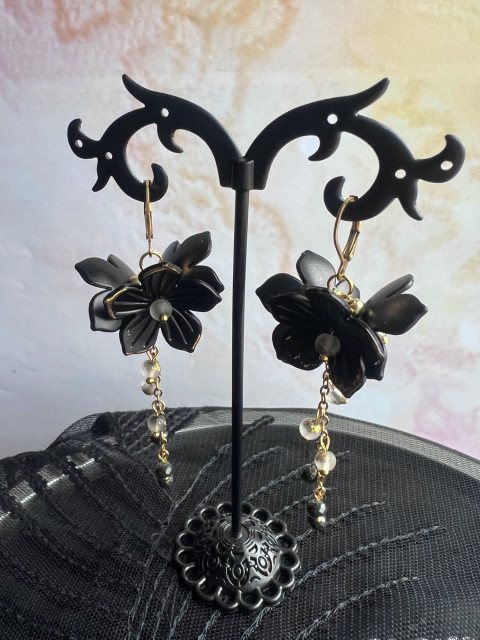 Černo-zlaté květy - náušnice korálky květy květiny řetízek nerez ocel steel 