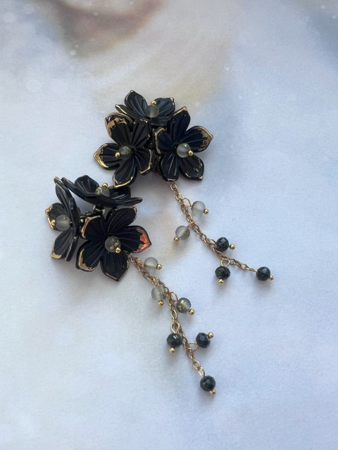 Černo-zlaté květy - náušnice korálky květy květiny řetízek nerez ocel steel 