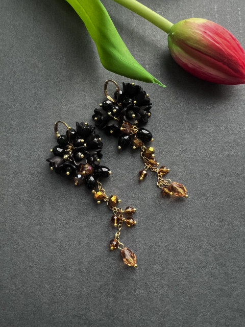Černo zlaté náušnice korálky zlatá černá medová řetízek nerez ocel zvonečky steel 