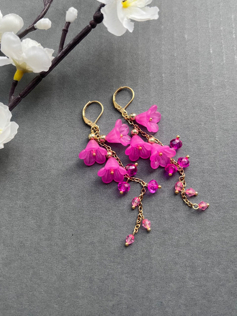 Fuchsiové hrozny - náušnice korálky zlatá květy květiny řetízek nerez ocel pink fuchsie magenta steel 