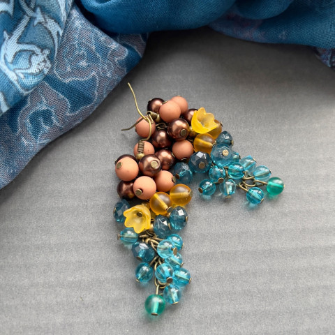 Náušnice hnědo - tyrkysové hrozny korálky modrá hnědá tyrkysová rezavá hrozny bobule 