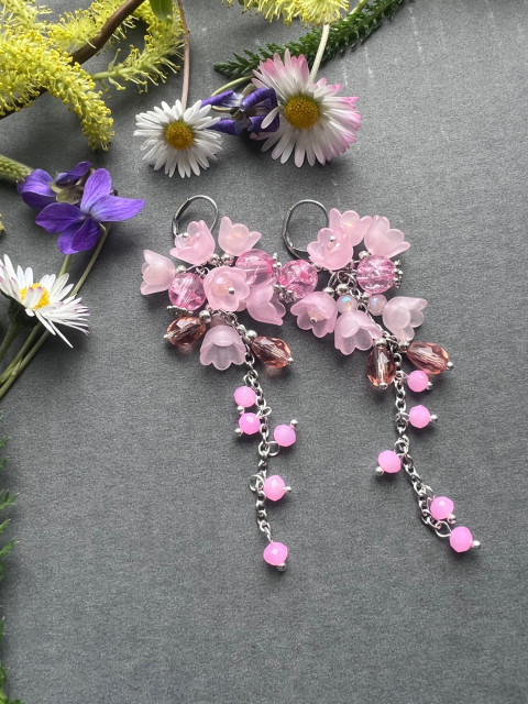 Růžové zvonečkové náušnice korálky řetízek nerez ocel zvonečky steel 