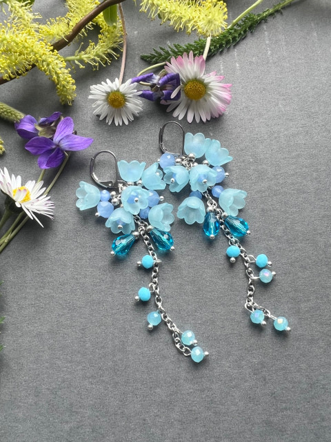 Modré zvonečkové náušnice korálky řetízek nerez ocel zvonečky steel 