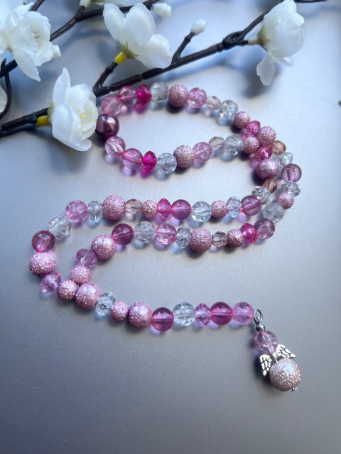 Autorůženec s andělem - růžový korálky anděl růženec ochránce do auta 