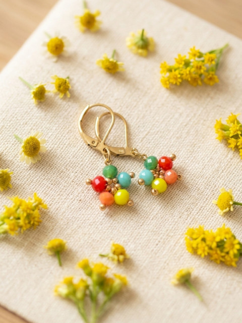 Duhové květinkové náušnice - Steel korálky šití barvy nerez ocel květinky steel 