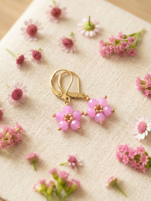 Růžové květinkové náušnice - Steel korálky šití nerez ocel květinky steel 