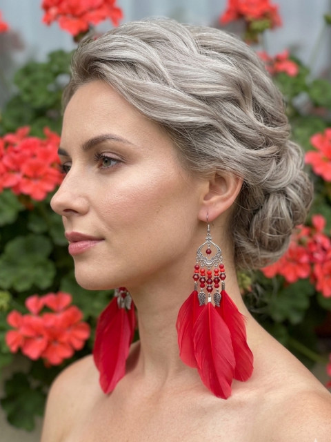 Peříčkové červené náušnice léto extravagantní nerez ocel festival dovolená peří peříčka steel 