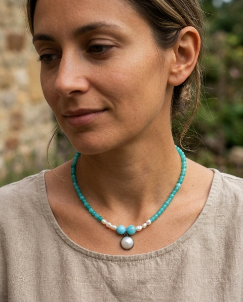 Náhrdelník - amazonit, nerez, perla náhrdelník nerez perla lamazonit. 