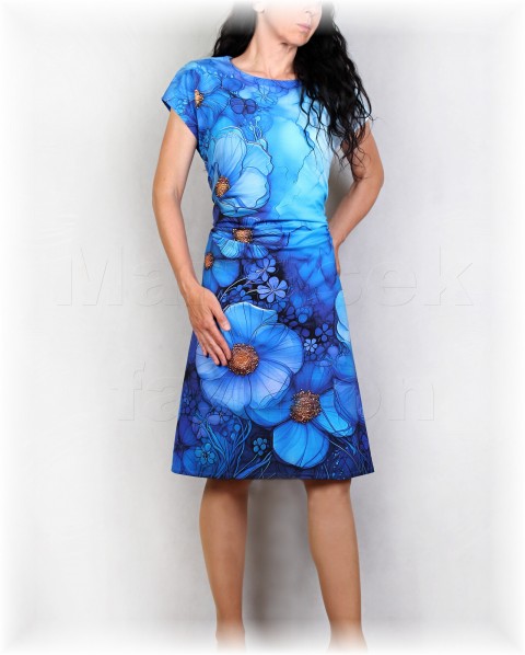 Šaty vz.877 modrá barevné jarní letní květy šaty svatba léto tyrkysová řasení vzor oslava luční dovolená 