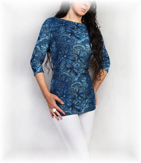 Triko vz.934 i dl.rukáv modrá tunika halenka letní triko úpletové tyrkysová dámské vzor dovolená vzorované 