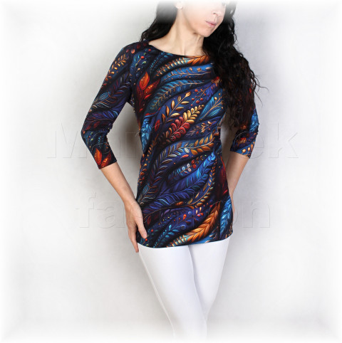 Triko vz.977 i kr.rukáv modrá halenka jarní květy černá triko jaro léto vzor květované bavlněné celoroční 