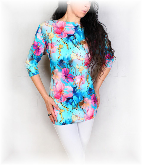 Triko vz.858 SLEVA z 899kč halenka fialová růžová jarní květy triko úpletové tyrkysová dámské vzor celoroční 