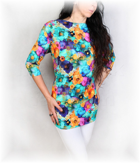 Triko vz.913 SLEVA z 899kč halenka fialová růžová jarní květy triko úpletové tyrkysová dámské vzor celoroční 