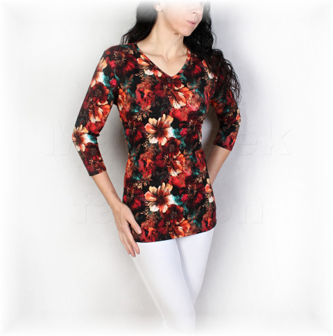 Triko vz.975  i kr.rukáv pestrobarevné halenka jarní květy černá triko jaro léto vzor květované bavlněné celoroční vícebarevné jiřiny 