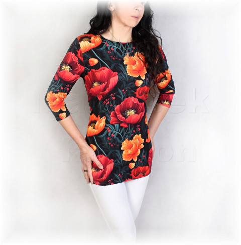 Triko vz.986 i kr.rukáv červená halenka jarní květy černá triko jaro léto vzor květované bavlněné celoroční vlčí máky 