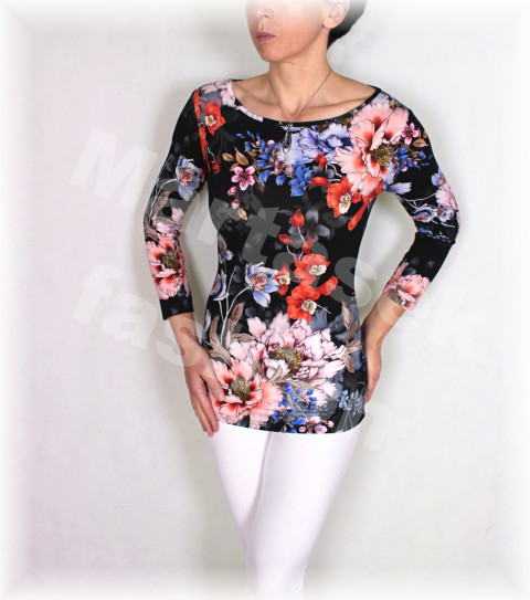 Triko vz.561 i krátký rukáv jarní letní květy černá triko úpletová léto tyrkysová petrolejová vlčí máky pestobarevné 