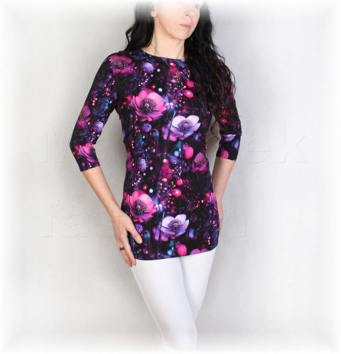 Triko vz.995 i kr.rukáv halenka fialová jarní květy černá triko jaro léto vzor květované bavlněné celoroční 