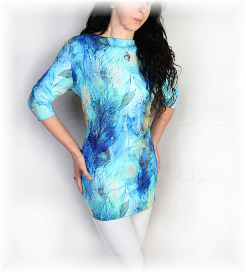 Triko vz.989 i krátký rukáv halenka jarní květy triko úpletové modré tyrkysová dámské vzor celoroční 