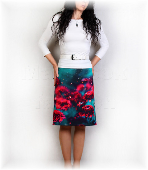 Sukně  vz.897 květy sukně úpletová úplet petrolejová pestrobarevná bavlněná celoroční áčková volnočasová pouzdrová 