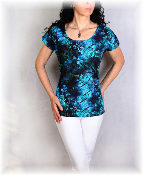 Triko vz.804 modrá halenka jarní letní květy triko jaro léto tyrkysová vzor pastelové celoroční 