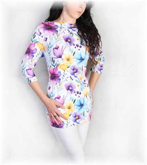 Triko vz.990 i krátký rukáv tunika halenka růžová letní květy lodička triko úpletové vínová dámské vzor dovolená 