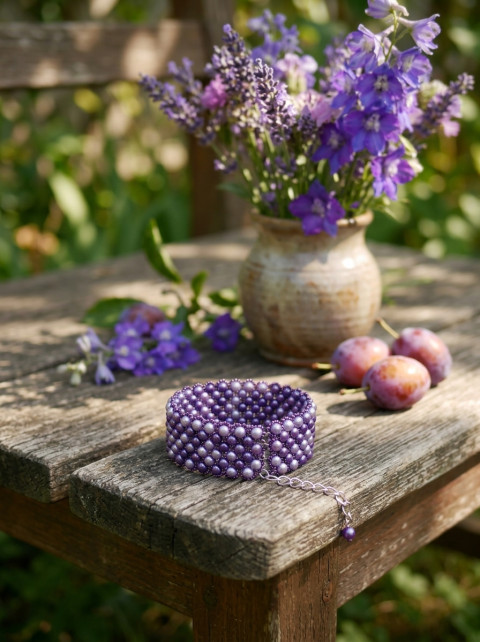 Perličkový náramek - švestky šperk náramek doplněk fialová elegantní borůvky do společnosti na večer purple 